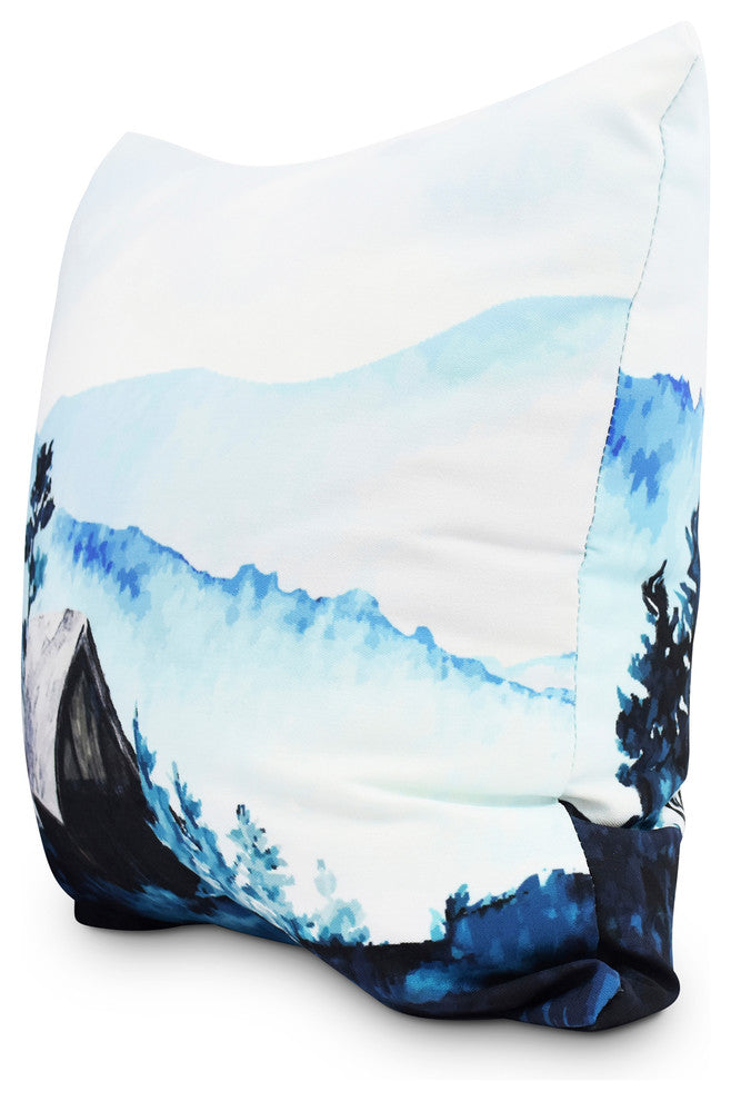 Cabin in the Woods Blue Holiday Print Decorative Outdoor Throw Pillow, 16"