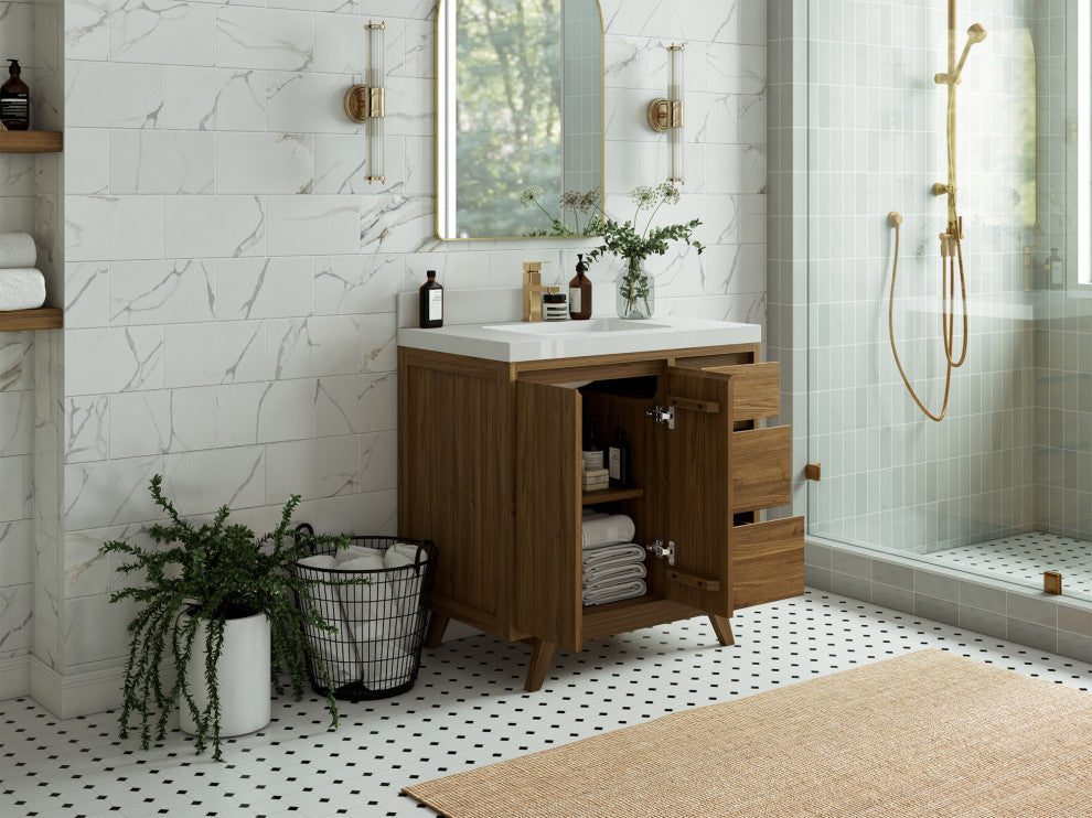 Madison Teak 36 Center Sink Bath Vanity in Dark Natural 2" White Quartz
