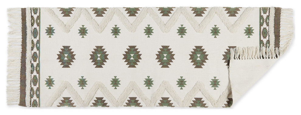 Brown And Green Printed Off-White Hand-Loomed Shag Rug Runner 2Ft 3Inx6Ft