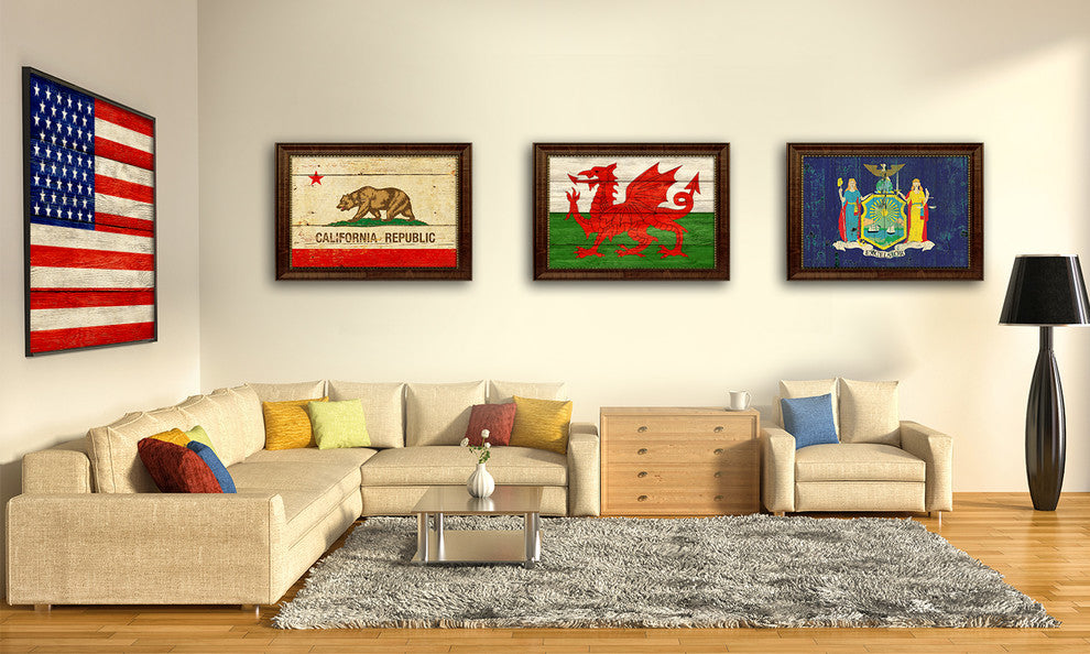 Wales Country Textured Flag Print With Brown Gold Frame, 15"X21"