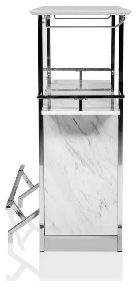 Bar Table with Faux Marble and Chrome Finish, White and Silver