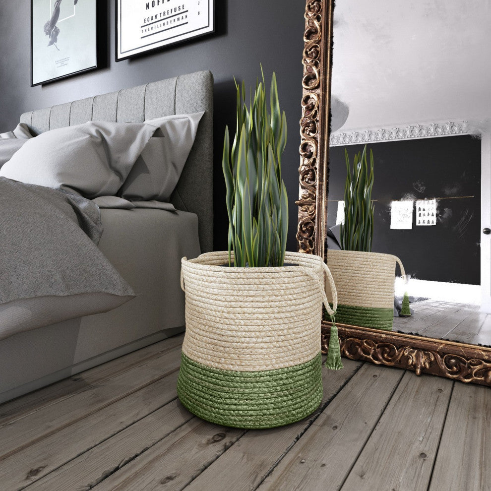 Two-Tone Off-White Jute Decorative Basket With Handles, Moss Green, 19"