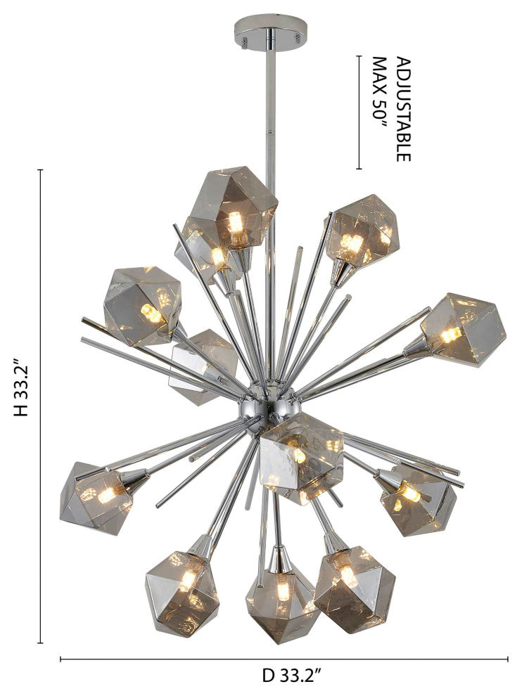 12-Light 33" Gold Metal Chandelier With Smoke Glass Shades, Chrome