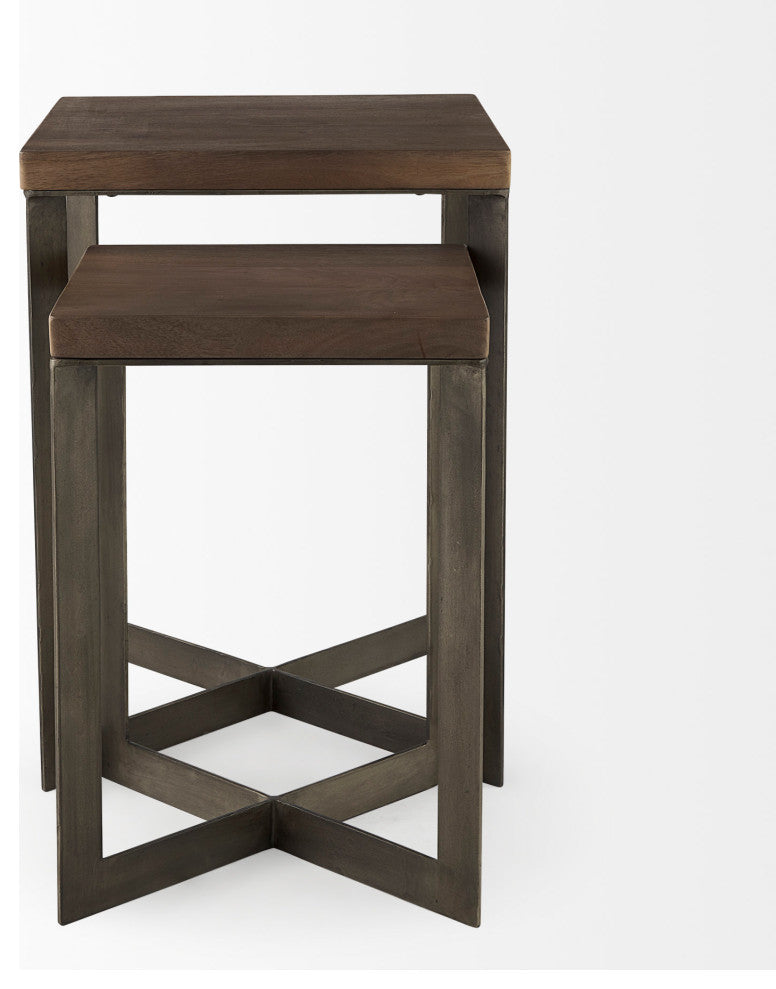 Faye 2-Piece Medium Brown Wood With Metal Base Accent Table Set