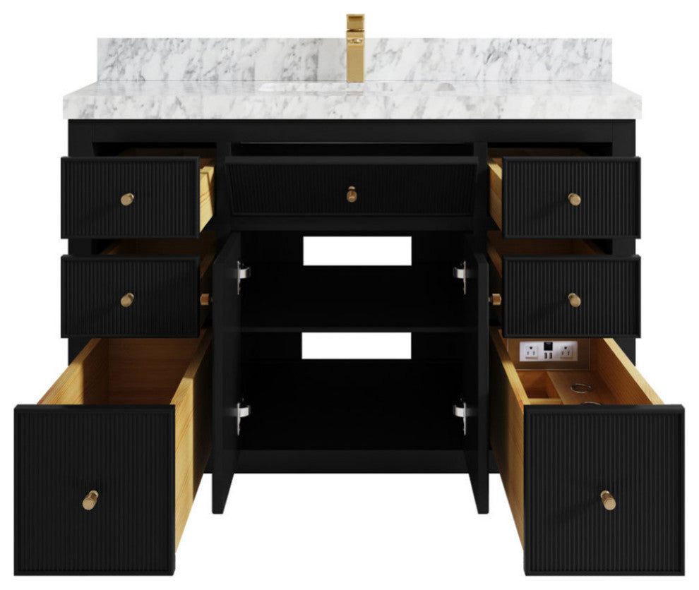 Sonoma 48 Single Sink Reeded Bath Vanity in Black 2" Carrara Marble