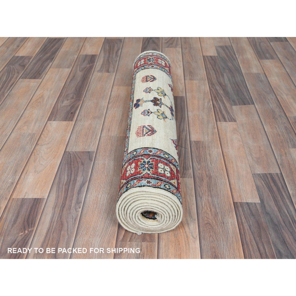 Ivory, Soft Wool, Hand Knotted Afghan Super Kazak Runner Rug, 2'7"x8'6"