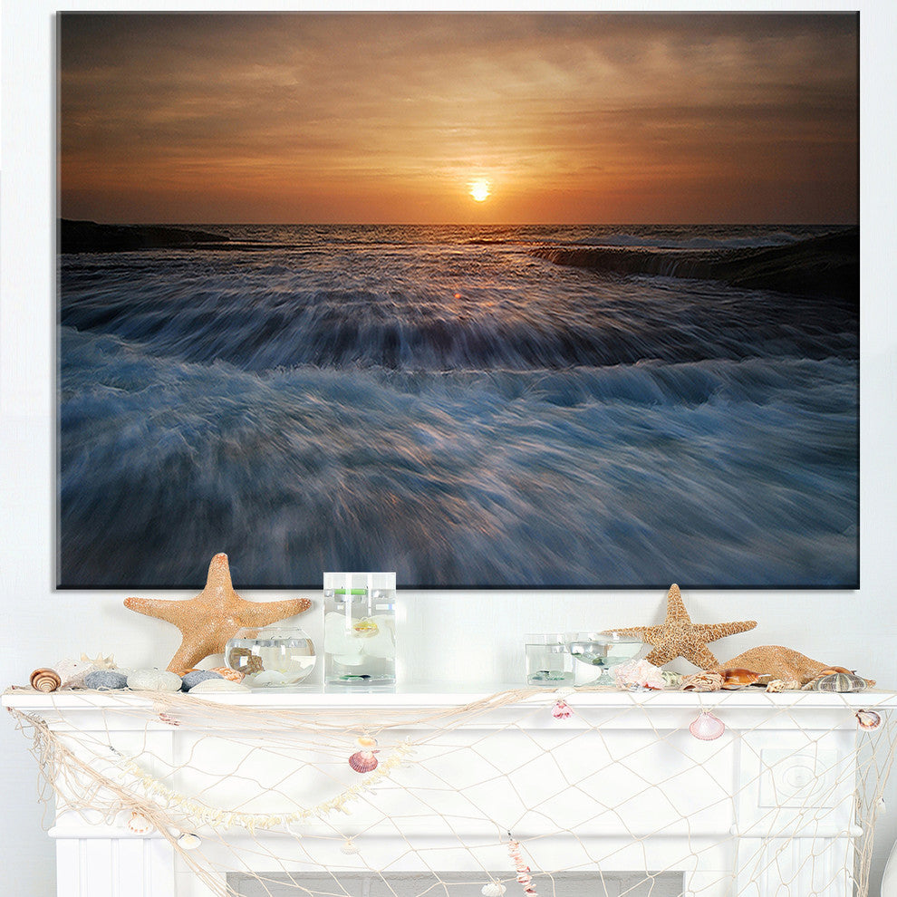 "Sunrise Over Rushing White Waves" Modern Beach Canvas Art Print, 40"x30"