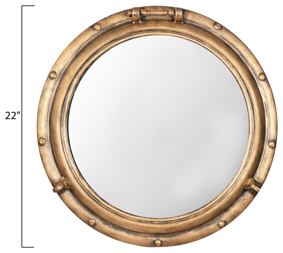 22" Round Metal Porthole Framed Wall Mirror, Gold