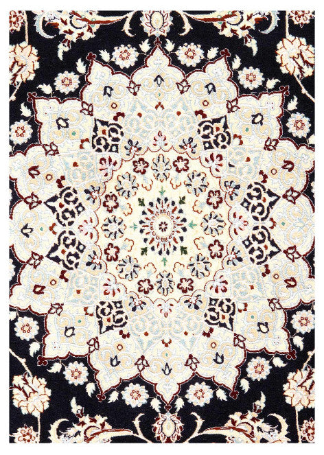 Navy Blue Fine Hand Knotted Persian Silk and Wool Nain 6'7''x9'11