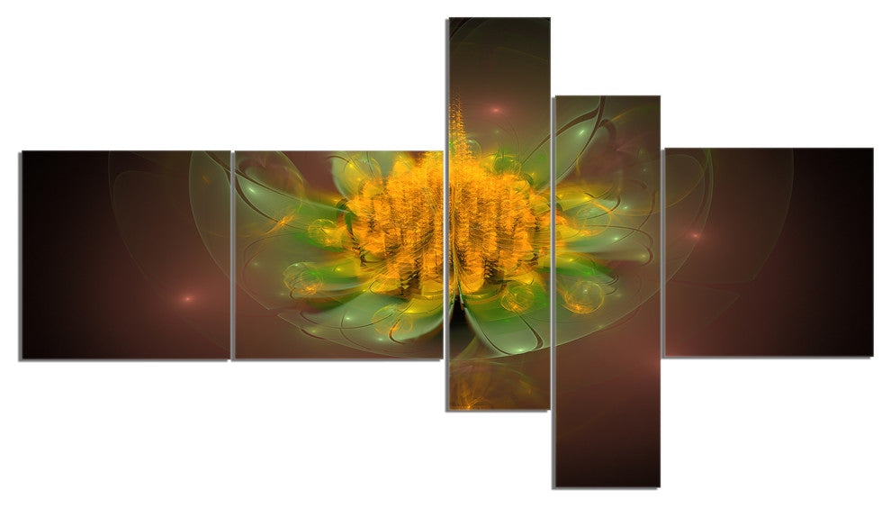 Fractal Yellow Flower on Black, Floral Canvas Art Print, 60"x32", 5 panels