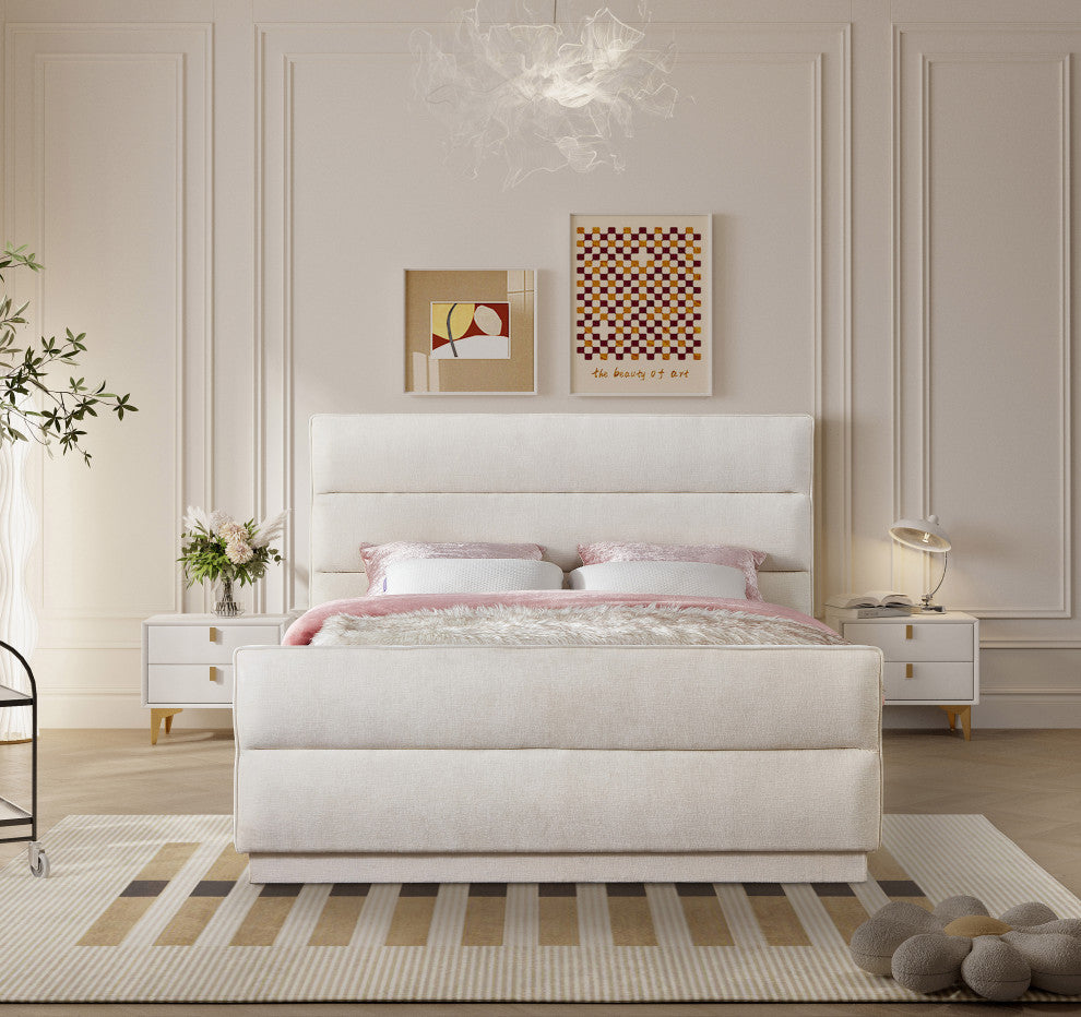Paxton Chenille Fabric Upholstered Bed, Cream, King