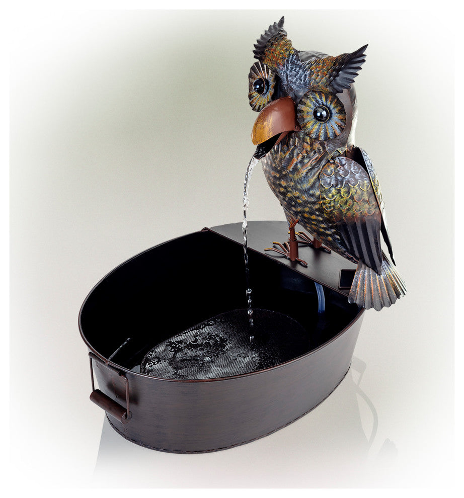 Alpine Metal Owl on a Tin Fountain, 23" Tall