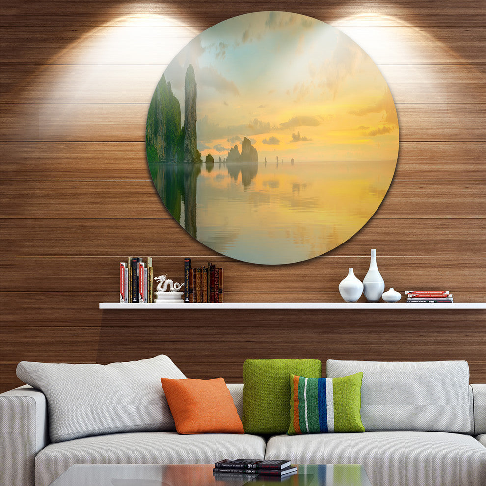 Colorful Sky And Board On Beach, Seascape Round Wall Art, 23"