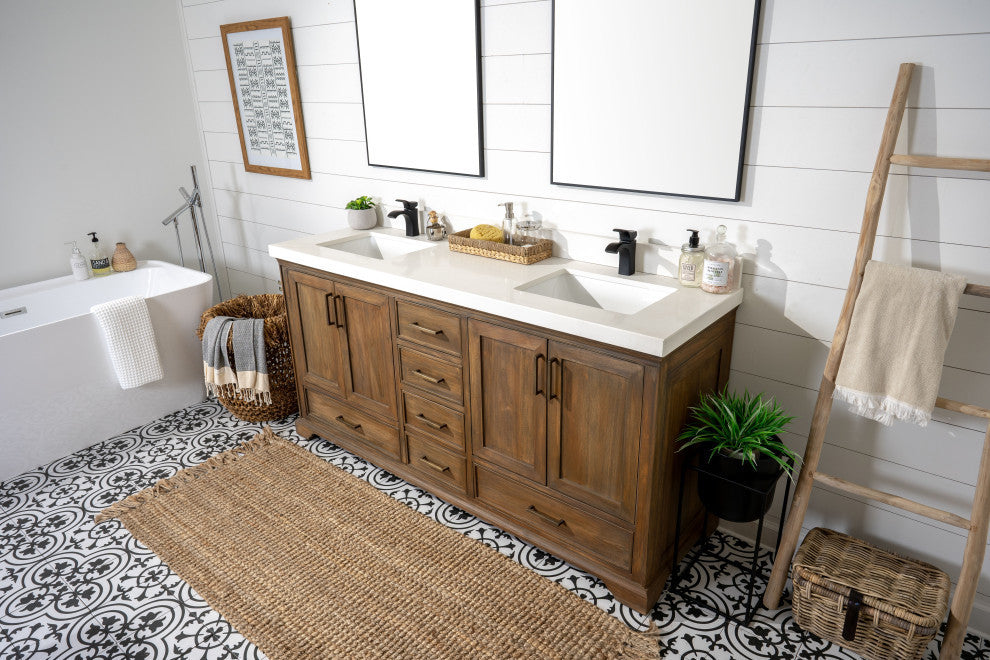 Charlotte Teak 72 Double Sink Bathroom Vanity Distressed Gray 2" White Quartz