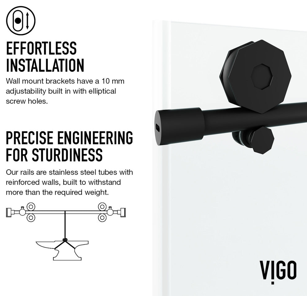 VIGO Elan Hart 56" to 60" W x 66" H Frameless Sliding Tub Door, Matte Black, Clear Glass