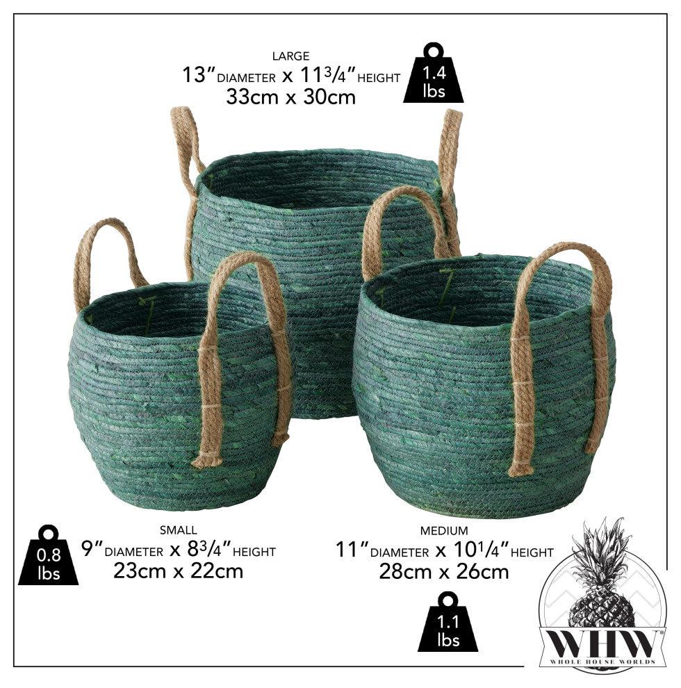 3 Piece Teal Green Wicker Baskets Set