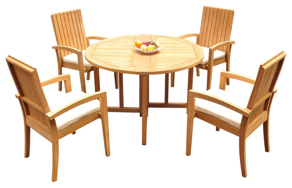 5-Piece Outdoor Teak Dining Set: 48" Butterfly Table, 4 Goa Stacking Arm Chairs