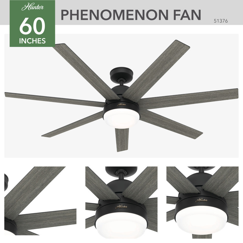 Hunter 60" WiFi Phenomenon Matte Black Ceiling Fan With LED Light, Wall Control