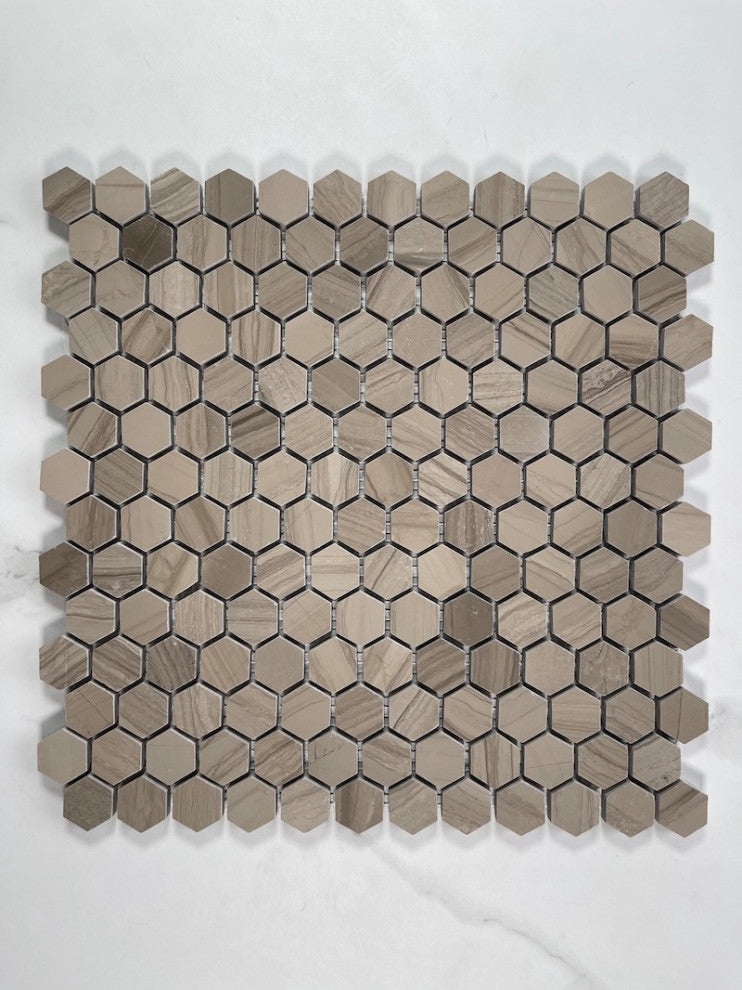 1" Hexagon Athens Grey Marble Tile Haisa Dark Mosaic Polished, 1 sheet