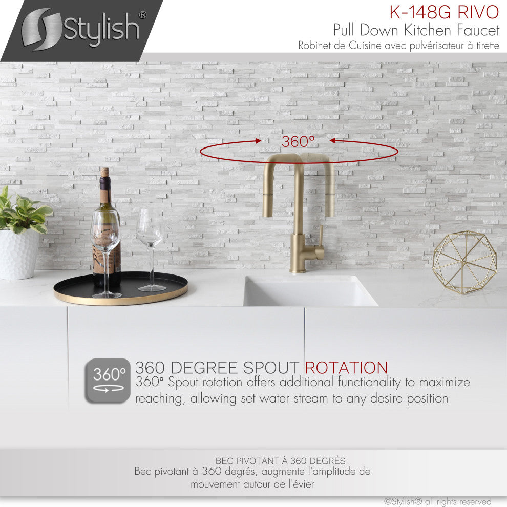 STYLISH Single Handle Pull-Down Dual Mode Kitchen Faucet Stainless Steel Golden