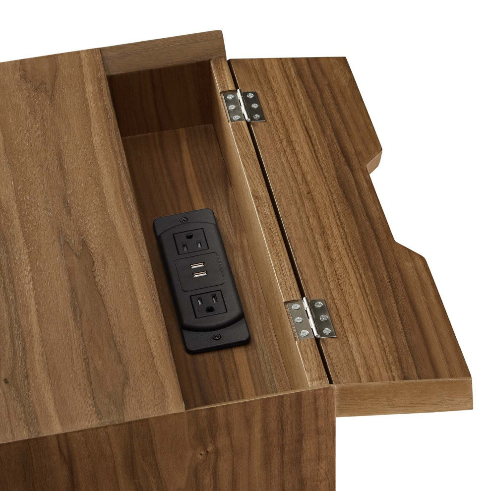 Nightstand Side End Table With USB, Wood, Brown Walnut, Modern Living Room
