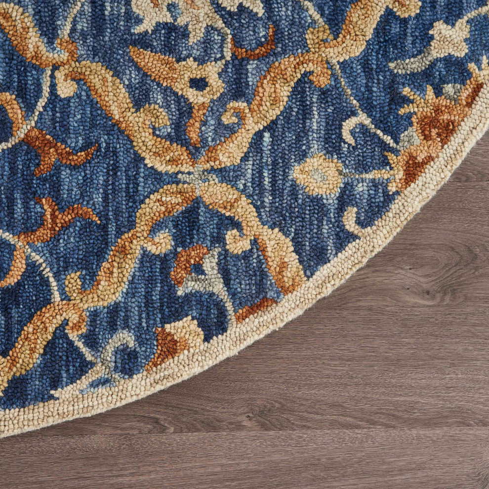 6" Round Navy and Gold Ornate Lattice Area Rug