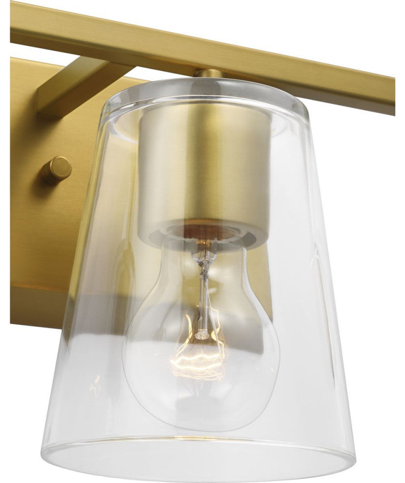 Vertex Collection Three-Light Brushed Gold Clear Glass Contemporary Bath Light