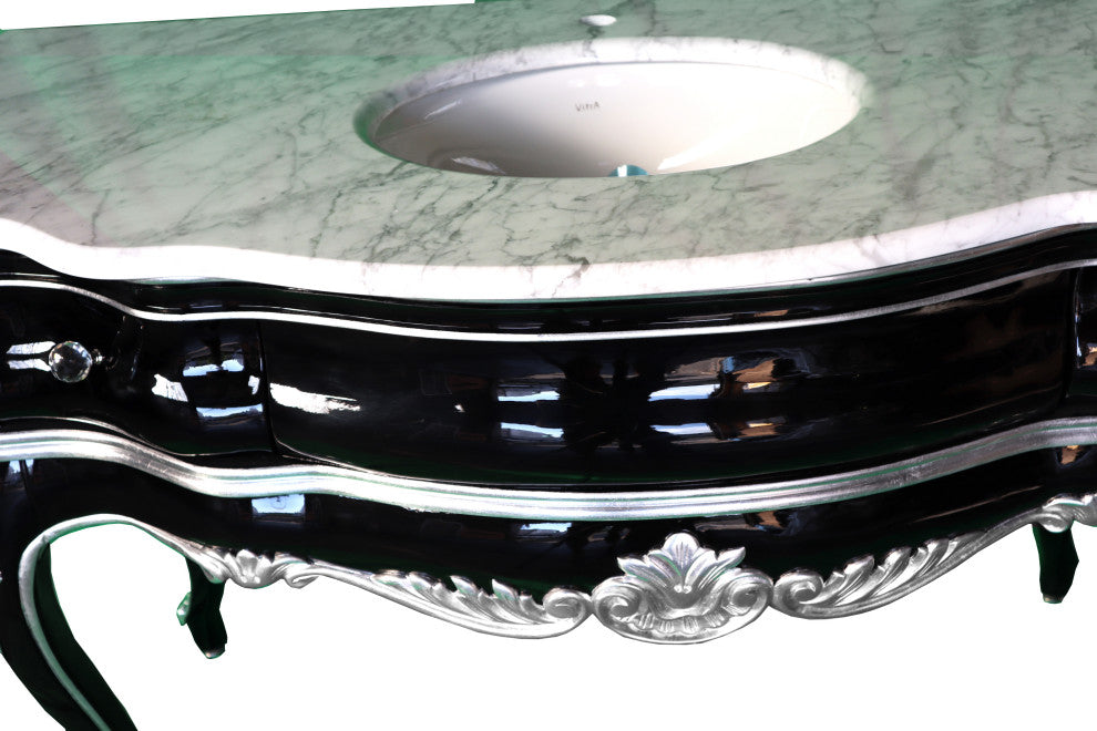 Handmade 48'' Single Bath Vanity, Italian Marble Top, Solid Wood, Mirror, Black