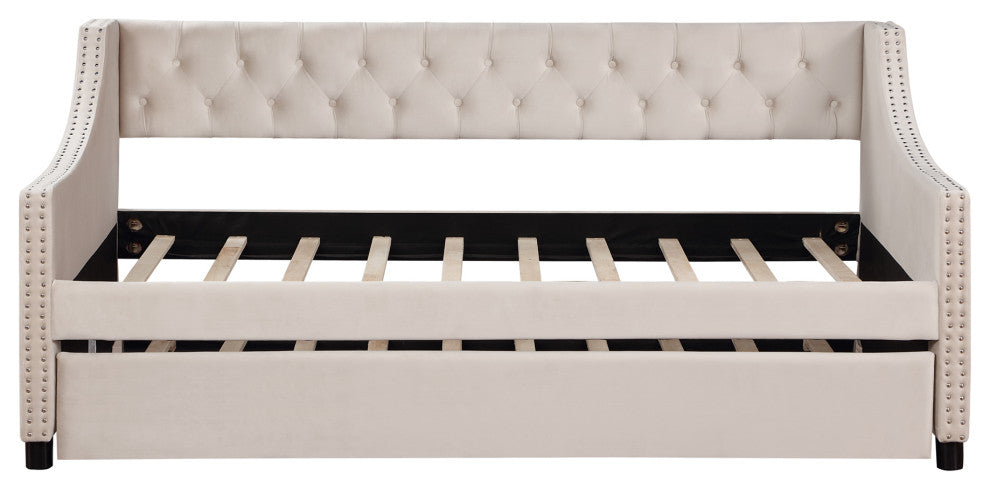 Gewnee Twin Size Upholstered Daybed with Trundle,Beige