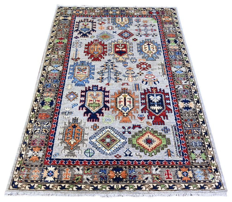 Chrome Gray Hand Knotted Wool Afghan Ersari Geometric Gul Rug 3'11"x5'11"