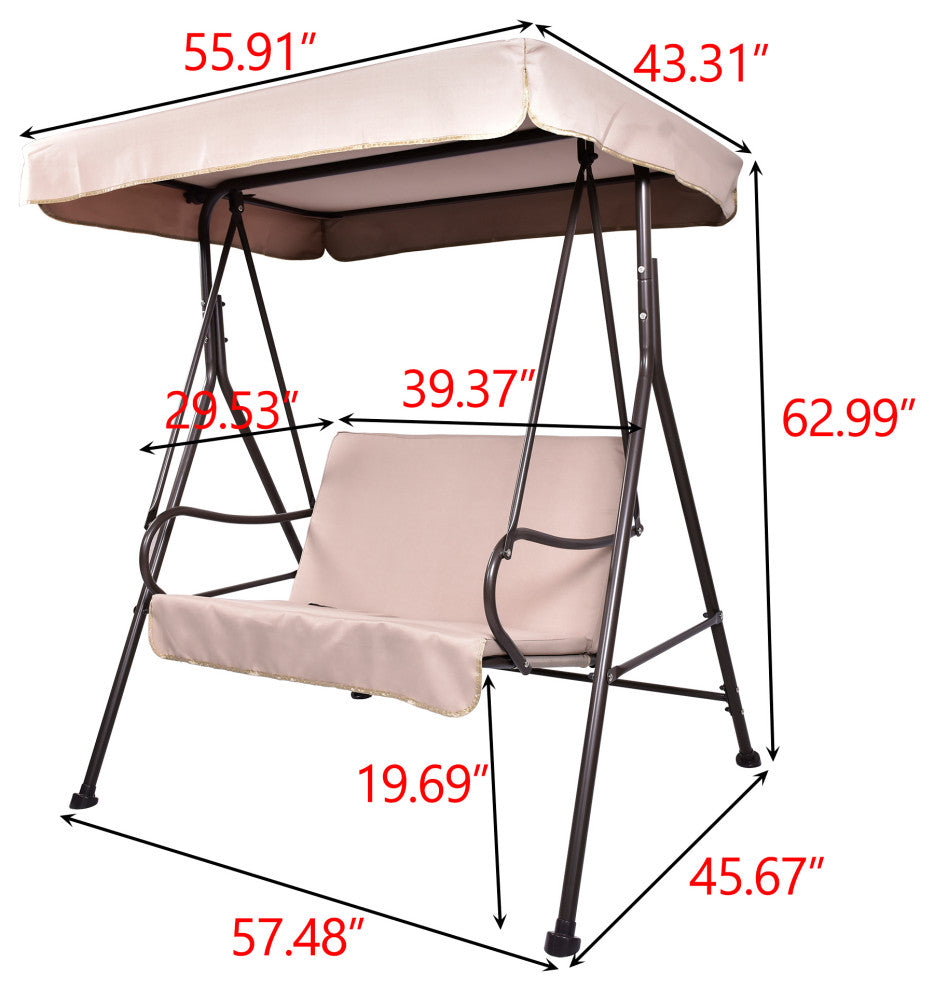 Outdoor Patio 2-Seat Porch Swing Chair With Cushion and Adjustable Canopy, Beige