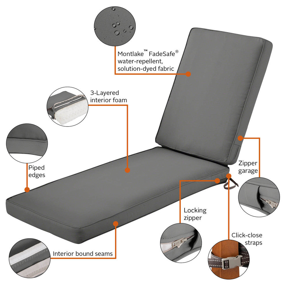 Patio Chaise Lounge Cushion, Light Charcoal Gray, 80"x26"x3"