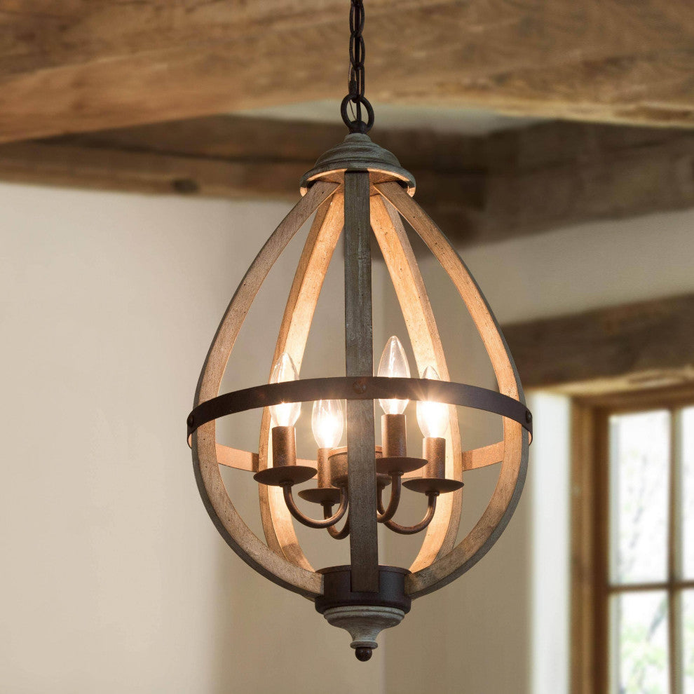 LNC Pitaya 4-Light Farmhouse Antique Wood Lantern Cage Chandelier