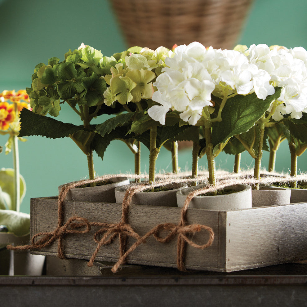 Set 12 Mini Hydrangea Faux Floral Plants in Pots Rustic Gift White Flowers