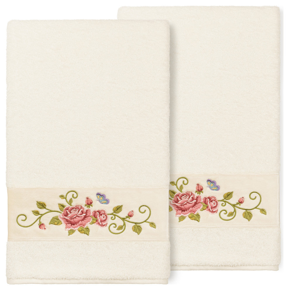 100% Turkish Cotton Rebecca 2-Piece Embellished Bath Towel Set, Cream