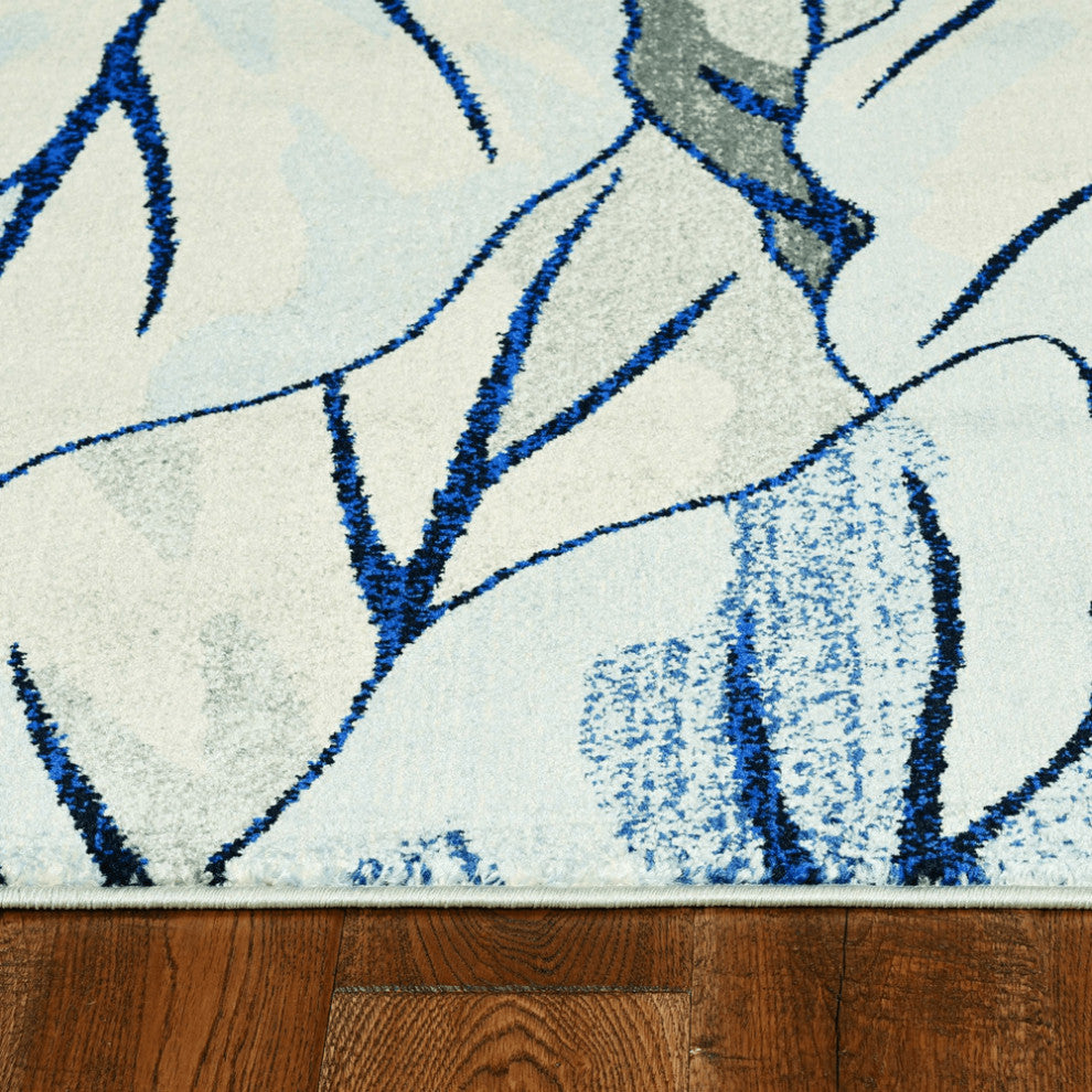 8'X11' Grey Navy Machine Woven Oversized Leaves Indoor Area Rug