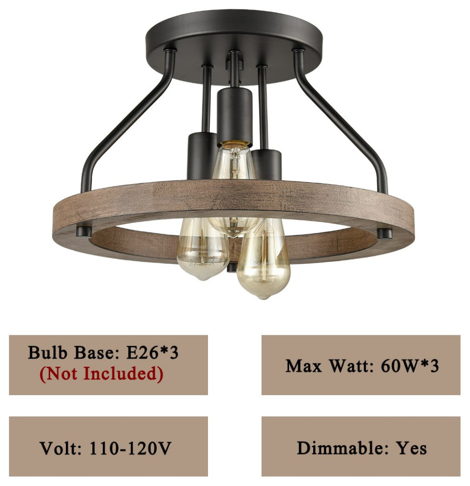 Farmhouse Semi Flush Mount Ceiling Light Wood Grain with 3 Lights