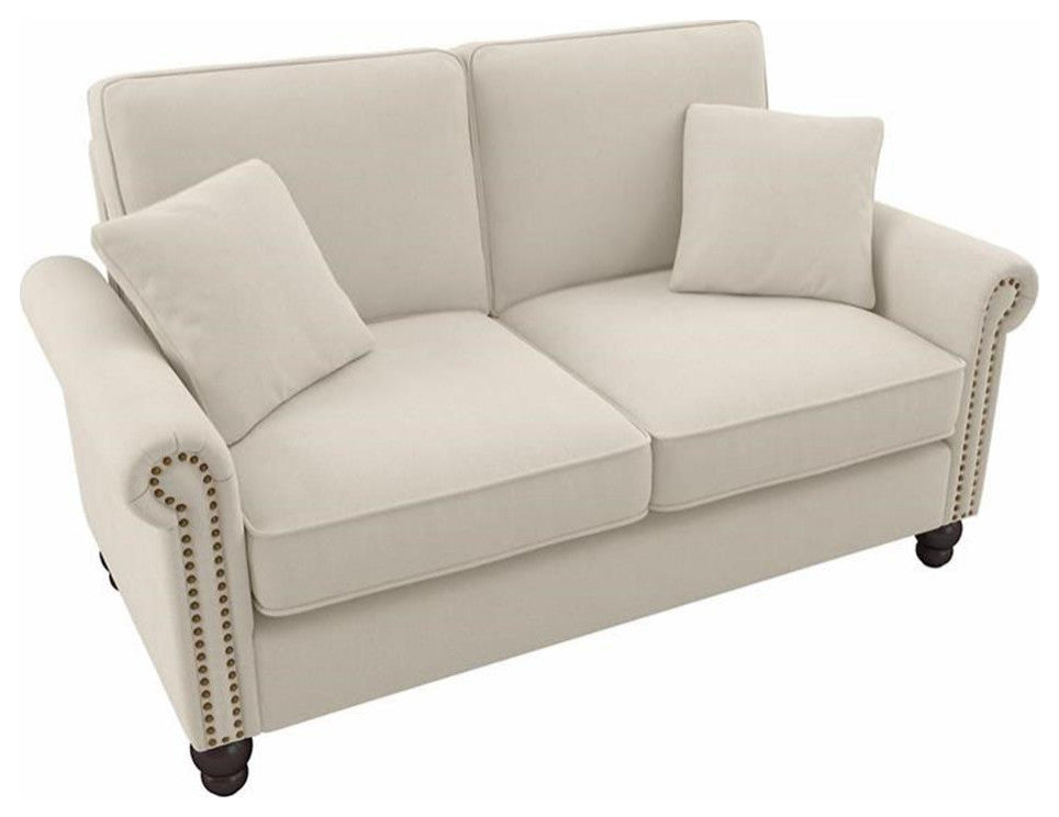 Coventry 61W Small Living Room Loveseat in Cream Herringbone Fabric