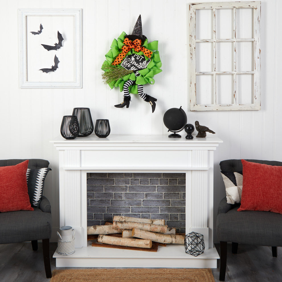 Nearly Natural W1210 26" Halloween Witch Broom and Hat Mesh Wreath