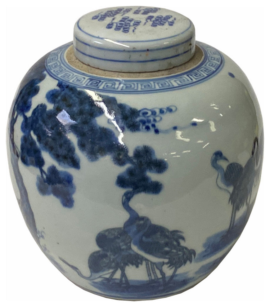 Hand-paint Longevity Cranes Graphic Blue White Porcelain Ginger Jar Hws1748