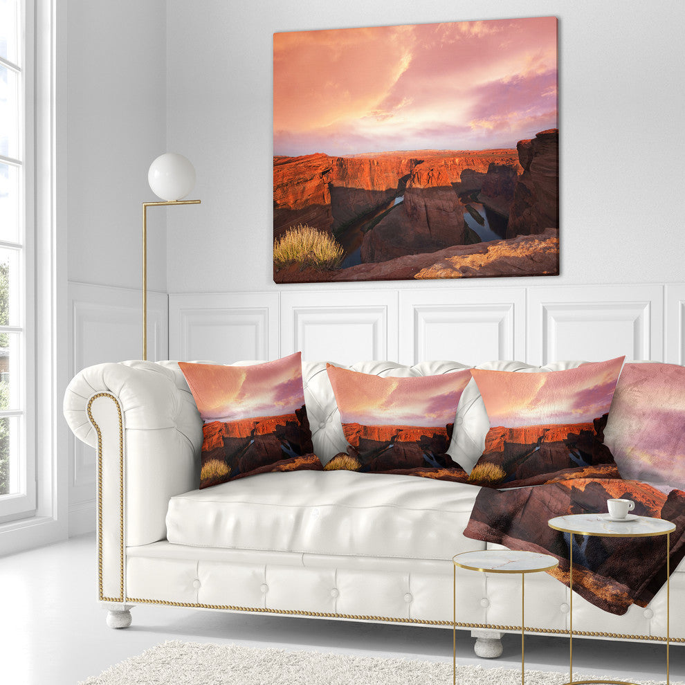 Horse Shoe Bend Under Cloudy Sky Landscape Printed Throw Pillow, 18"x18"
