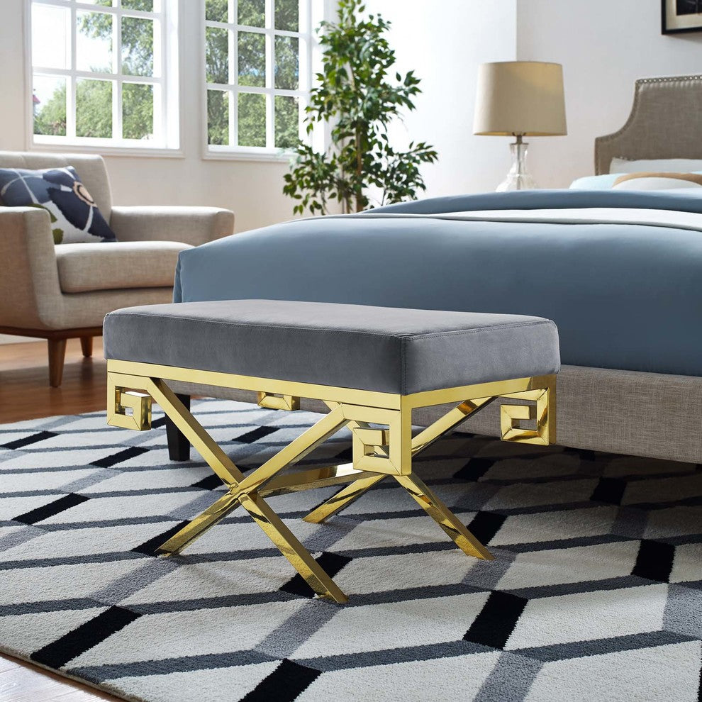 Gold Gray Rove Velvet Performance Velvet Bench