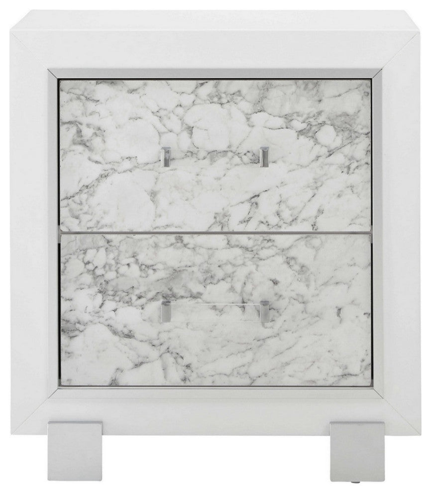 HomeRoots Modern White Nightstand With 2 Faux Marble Detailed Front Drawer.