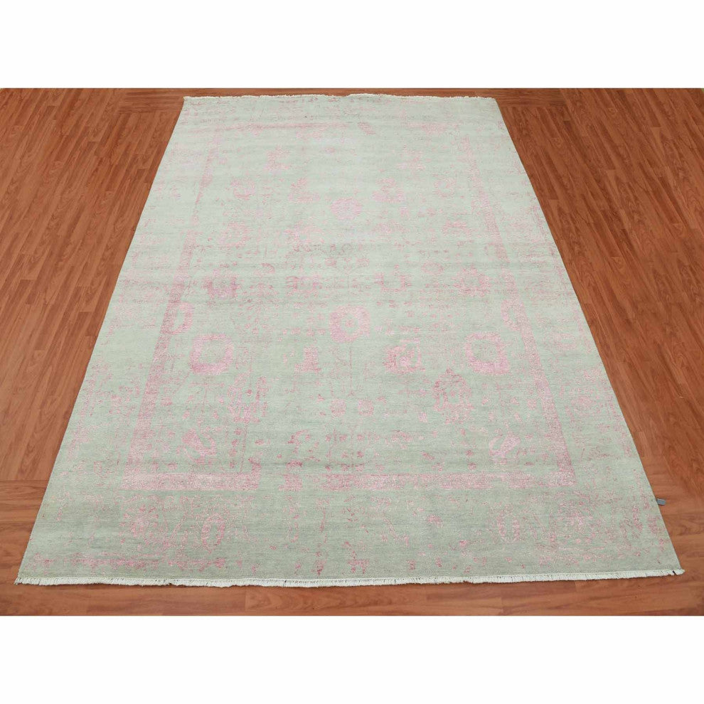 Sage Gray Broken Erased Persian Design Wool and Silk Hand Knotted Rug, 9'x11'10"