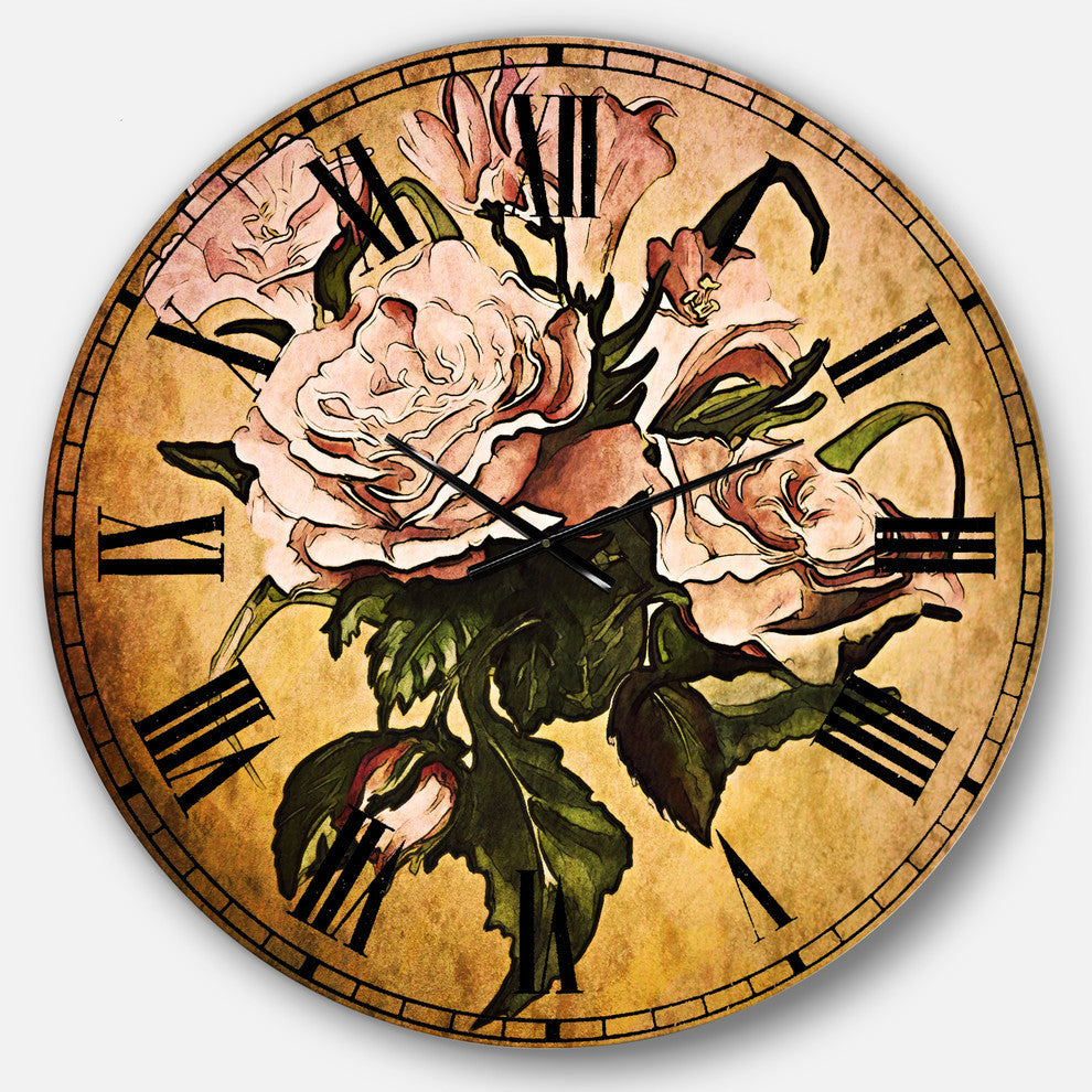 Pink Rose With Leaves Watercolor Floral Large Metal Wall Clock, 36x36