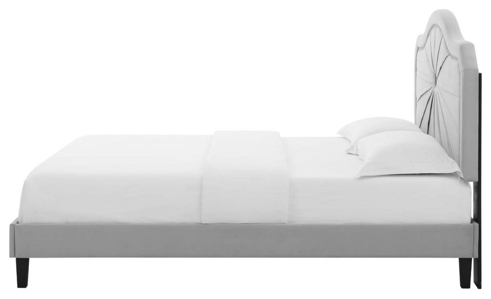 Platform Bed Frame, King Size, Velvet, Light Gray, Modern Contemporary