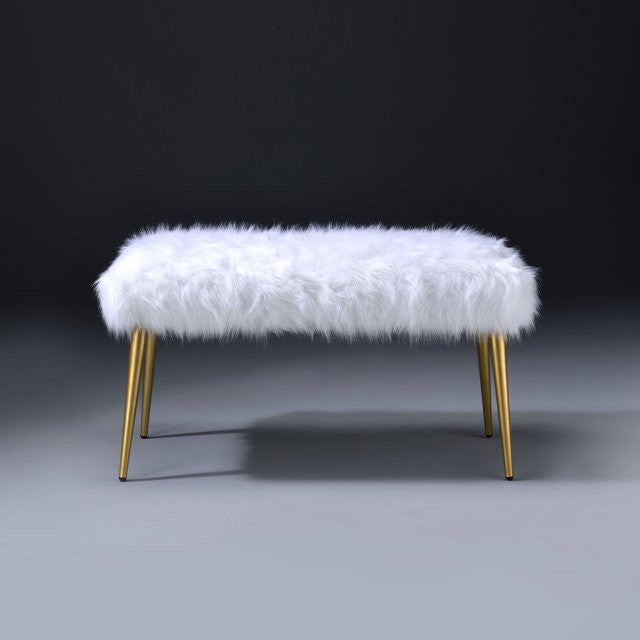 Modern White Accent Bench with Gold Metal Legs and Comfortable Faux Fur Seat