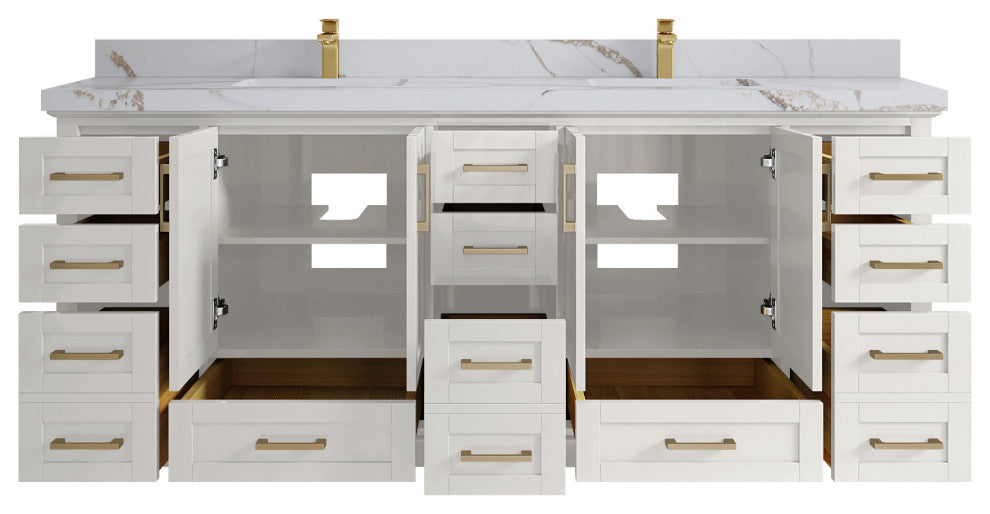 Boston 84" Double Sink Bath Vanity in Alabaster 2" Calacatta Gold