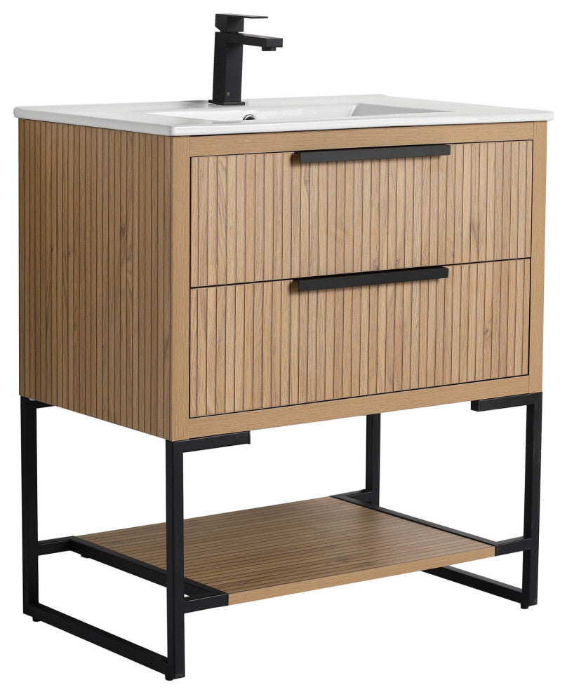 Kingsford Grooved-Look Bath Vanity, Bright Oak, White Ceramic Sink, 30", Drawers