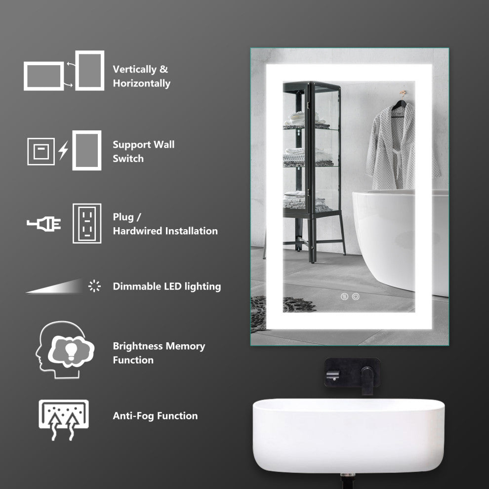 Vanity LED Lighted Backlit Wall Mounted Bathroom Mirror, 24x36", 2 Buttons